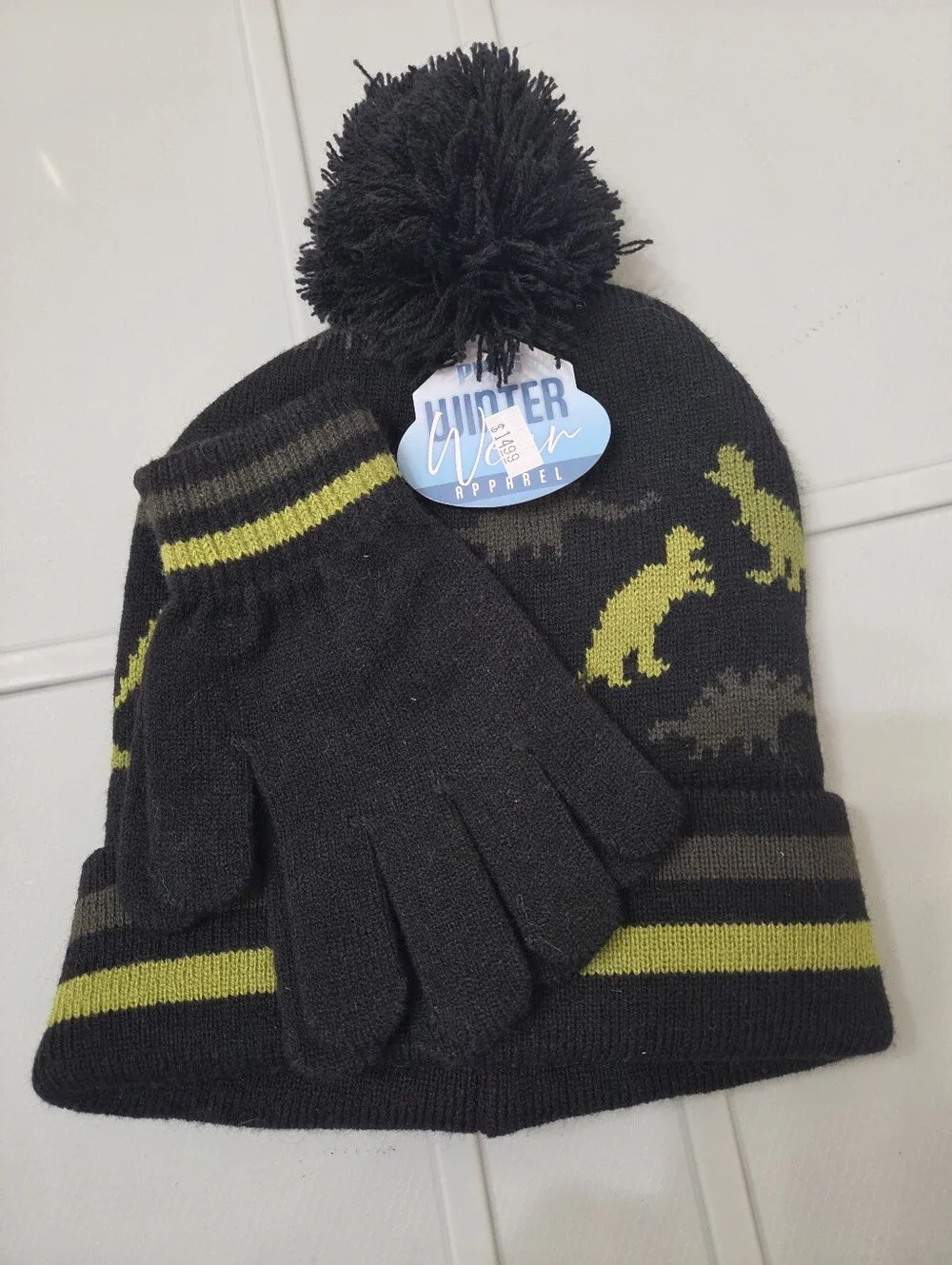 Kids Pom Beanie & Gloves Set - Black with Lime Dinosaur Knit
